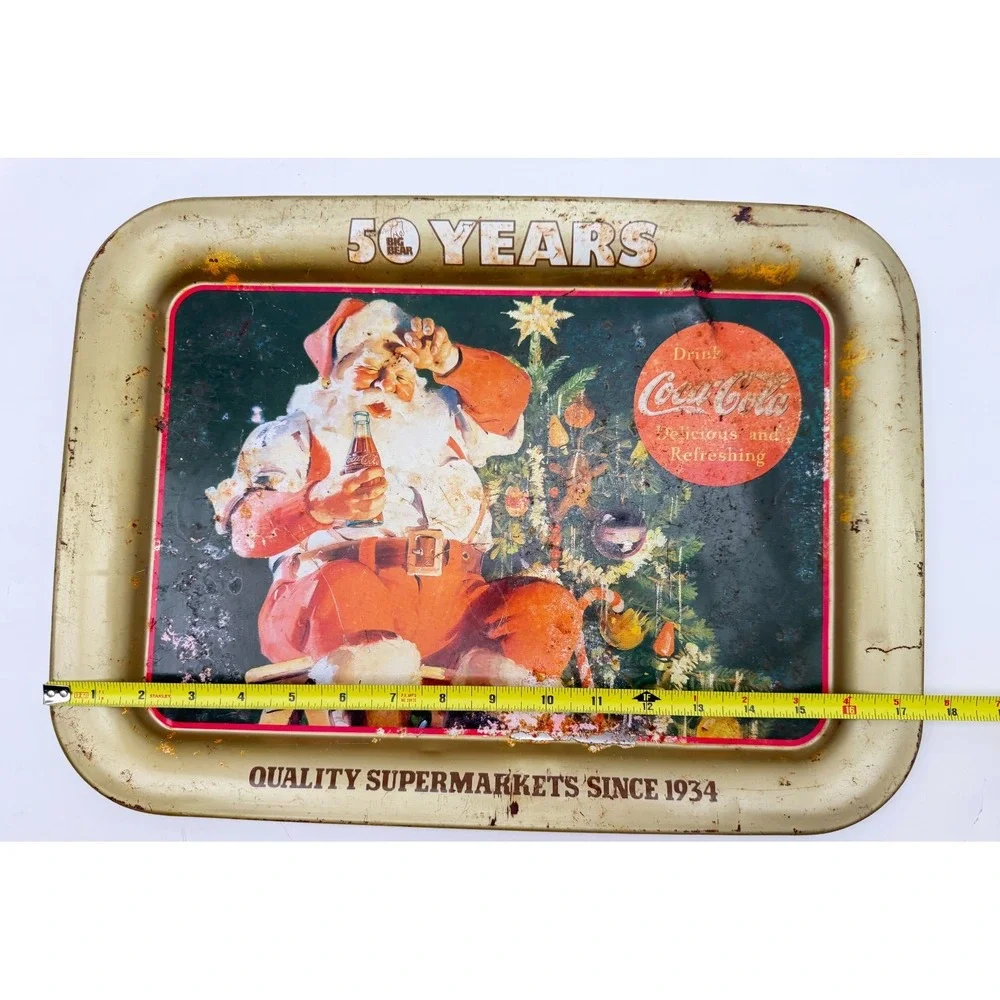 Vintage 1984 Coca-Cola Big Bear Supermarkets 50th Anniversary Santa Metal Tray